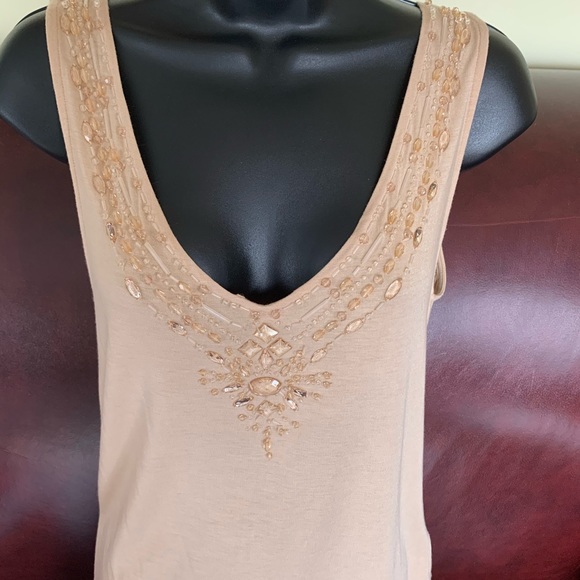 Zara natural Tan color Tank Top sexy deep V neck with shiny beadings US M - Picture 4 of 13